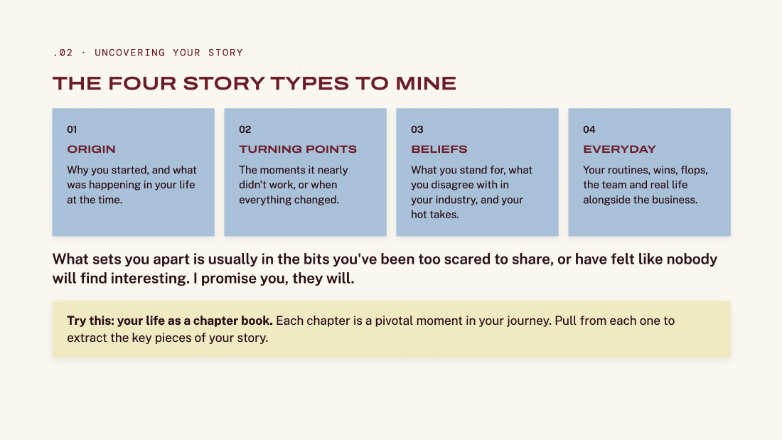 Workshop slide explaining four story types: origin, turning points, beliefs and everyday